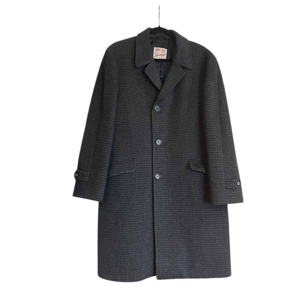 Vintage Karamoor Men's Charcoal Check Wool Overcoat Sz L/XL Dark Academia‎ Heavy
